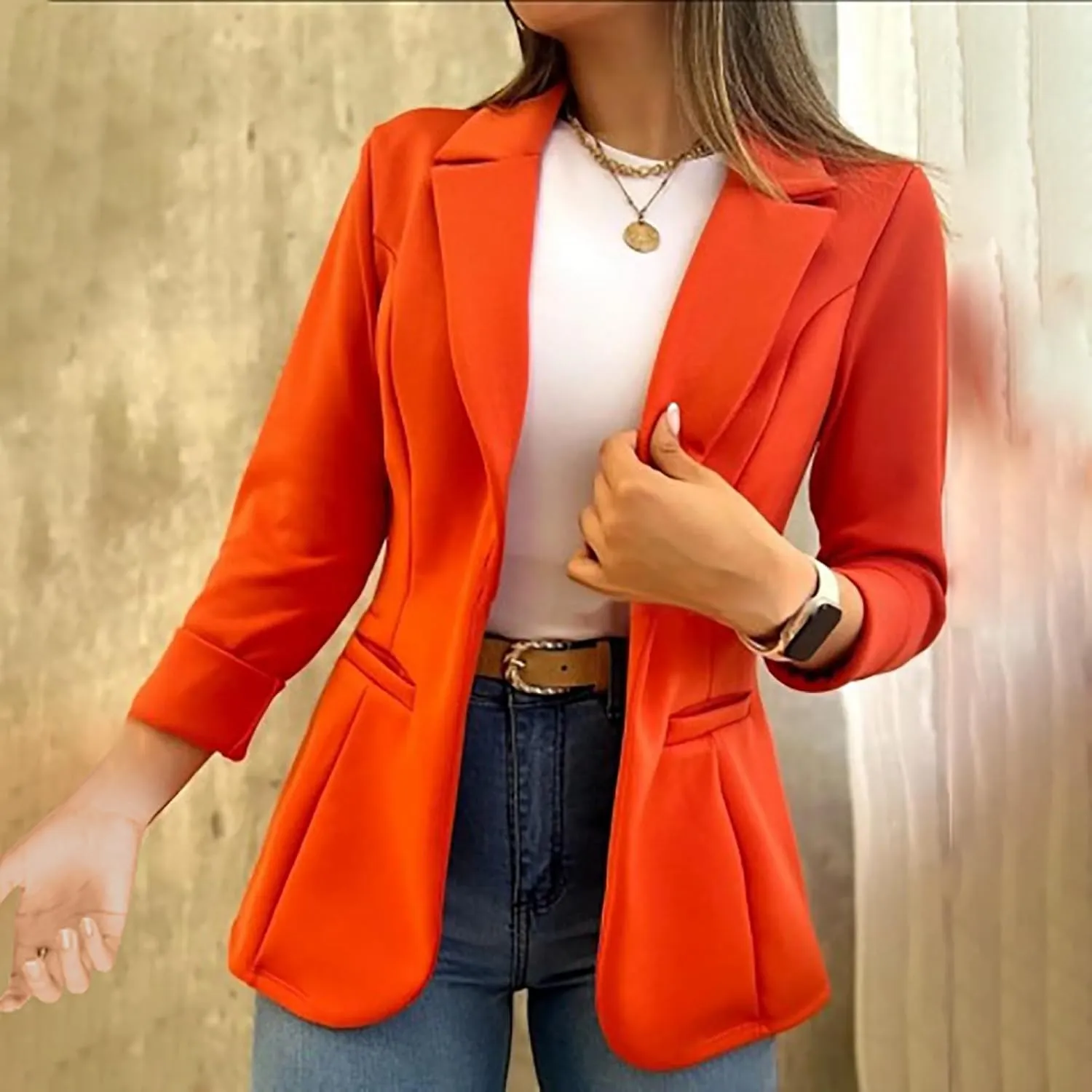 Blazer for Women Lapel 3/4 Sleeve Pocket Elegant Temperament Casual Business Comfortable Simple Stylish Suit Jackets