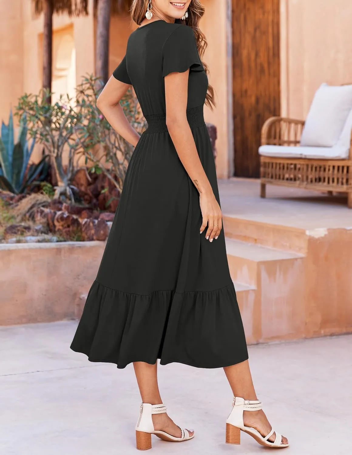 Bluetime Women Dresses Summer Casual Midi Dress Wrap V Neck Swing Ruffle Short Sleeve A-line High Waist Tiered Long Dress