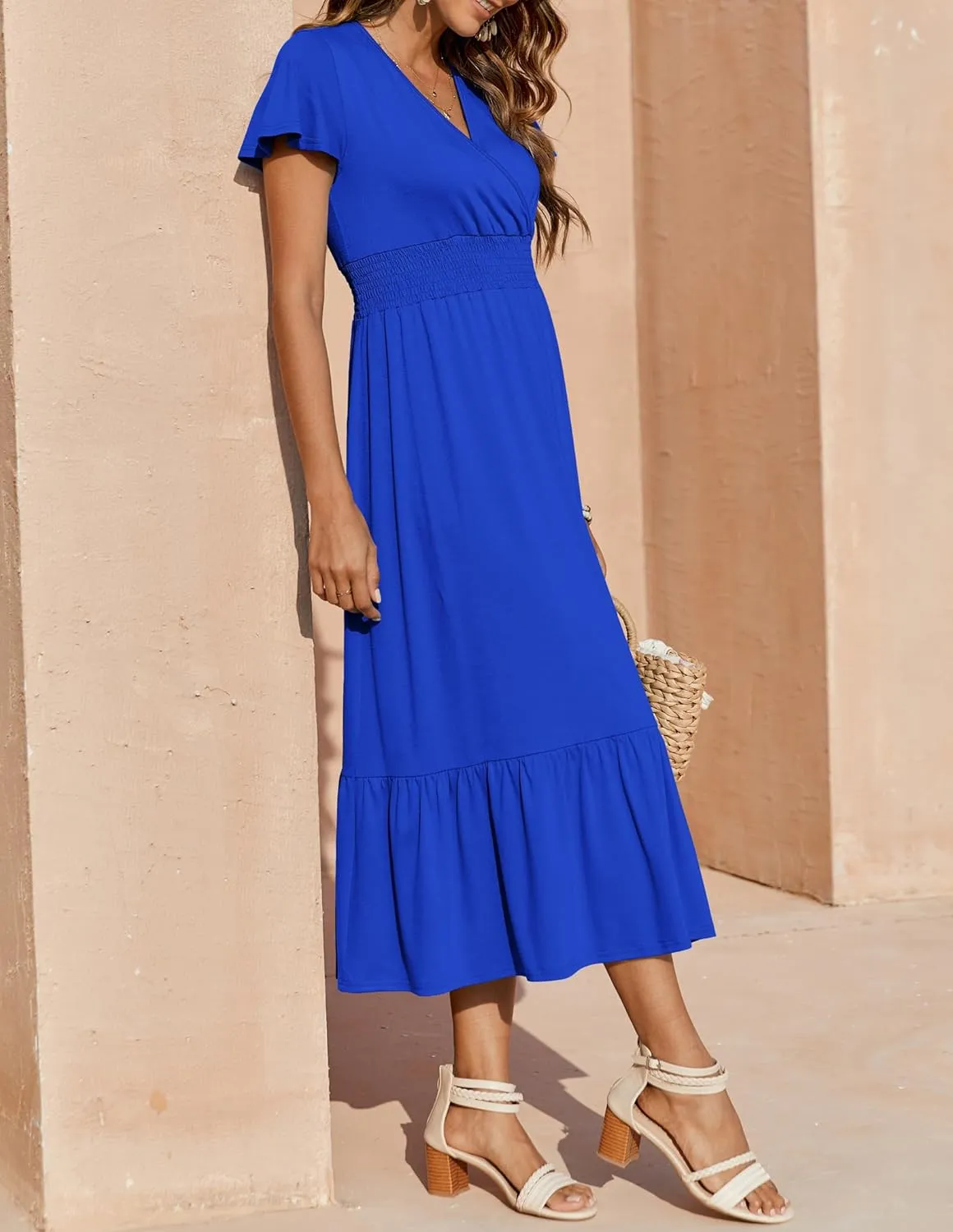 Bluetime Women Dresses Summer Casual Midi Dress Wrap V Neck Swing Ruffle Short Sleeve A-line High Waist Tiered Long Dress
