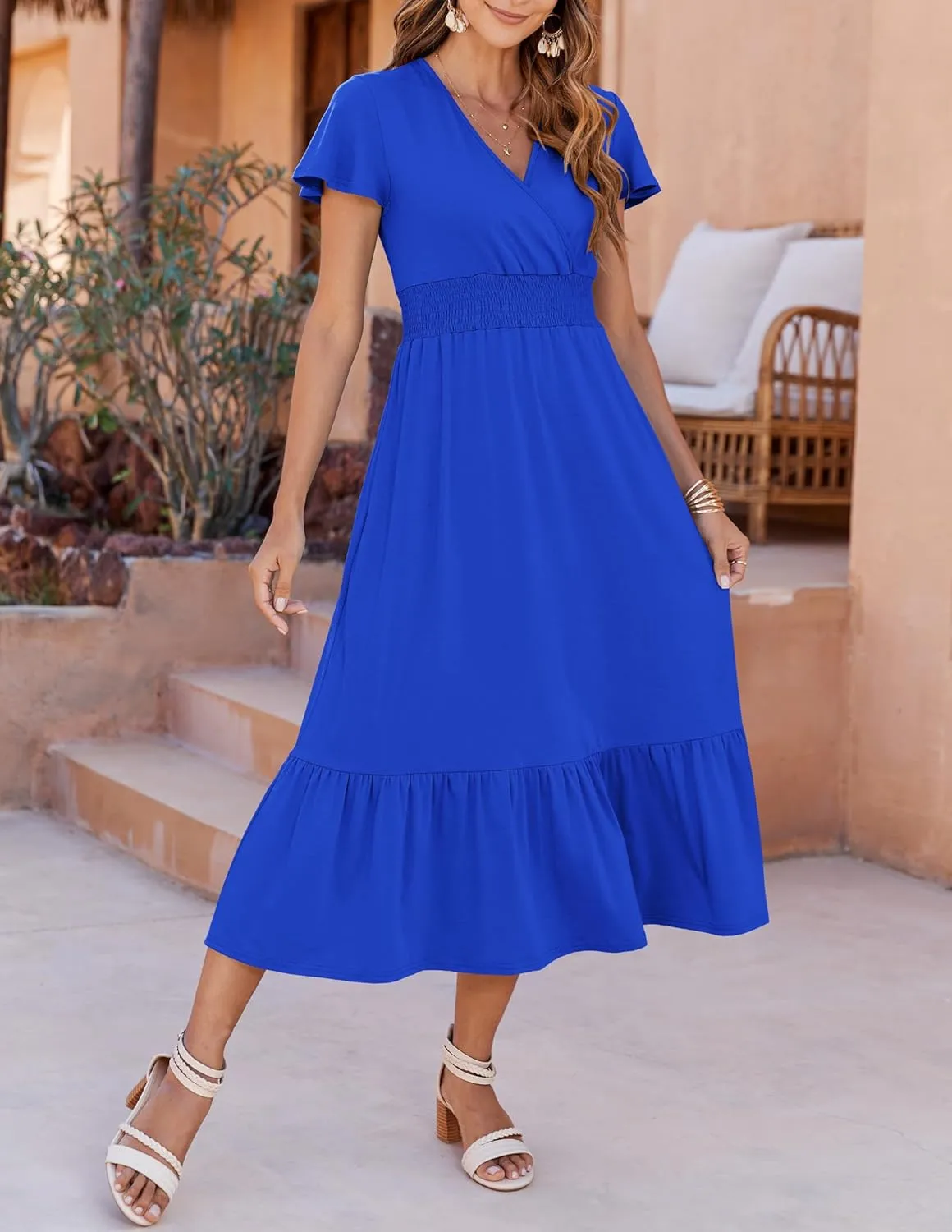 Bluetime Women Dresses Summer Casual Midi Dress Wrap V Neck Swing Ruffle Short Sleeve A-line High Waist Tiered Long Dress