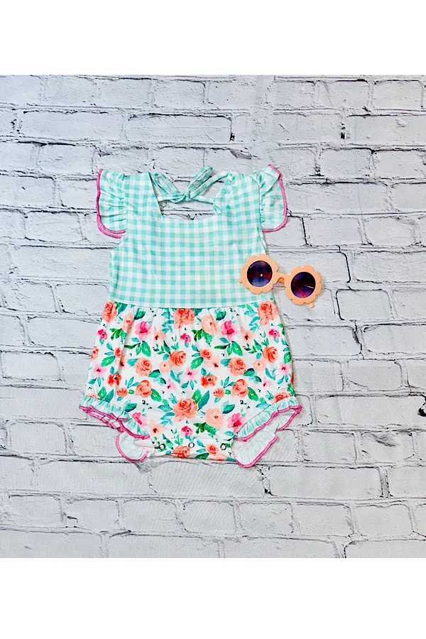 Floral & aqua checker print ruffle baby romper XCH0999-18H