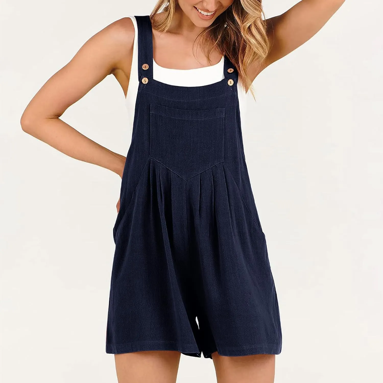 JOAU Women's Short Bib Overalls Summer Casual Adjustable Strap Loose Cotton Linen Sleeveless Jumpsuit Rompers with Pockets