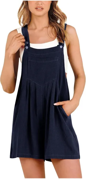 JOAU Women's Short Bib Overalls Summer Casual Adjustable Strap Loose Cotton Linen Sleeveless Jumpsuit Rompers with Pockets