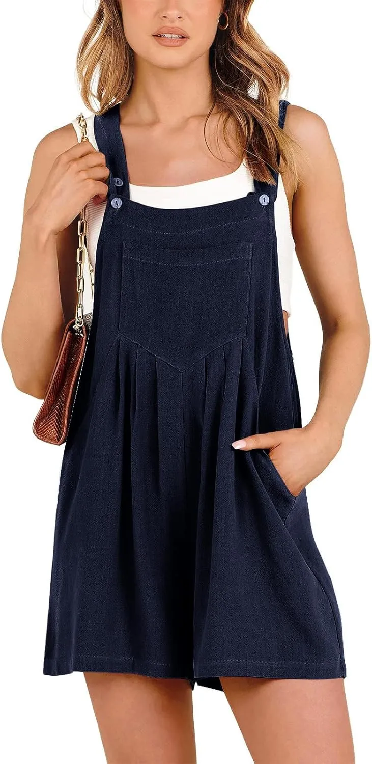 JOAU Women's Short Bib Overalls Summer Casual Adjustable Strap Loose Cotton Linen Sleeveless Jumpsuit Rompers with Pockets