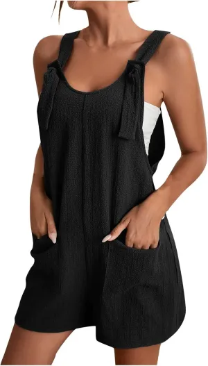 Jumpsuits for Women Linen Shorts Jumpsuits Summer Casual Sleeveless Romper Loose Adjustable Overalls with Pockets