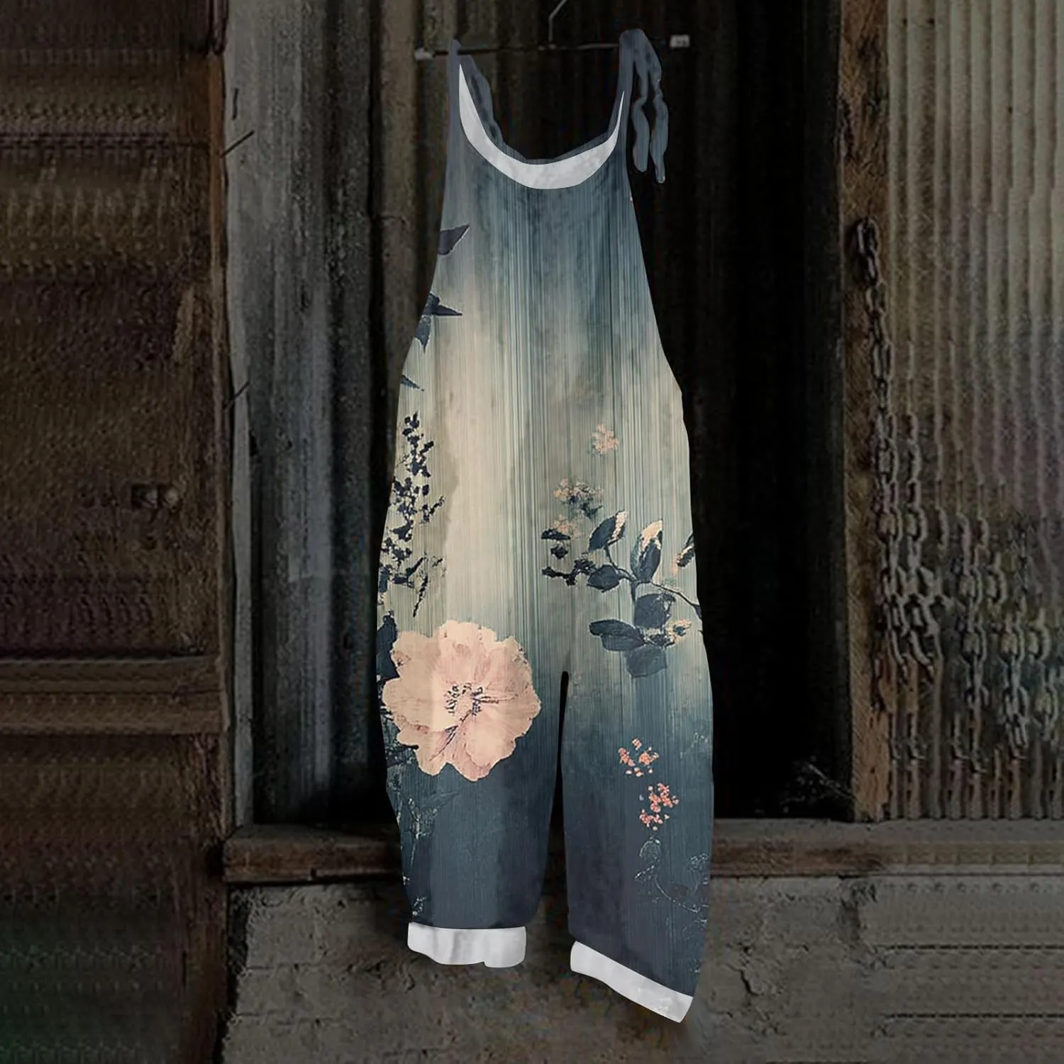Linen Jumpsuits for Women 2025 Summer Wide Leg Jumpsuits Spaghetti Strap Boho Vintage Floral Printed Romper