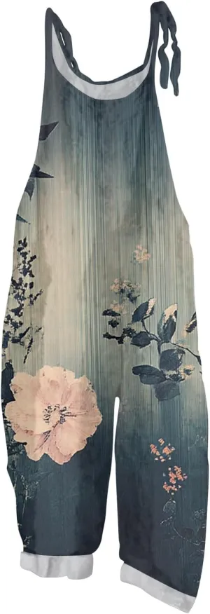 Linen Jumpsuits for Women 2025 Summer Wide Leg Jumpsuits Spaghetti Strap Boho Vintage Floral Printed Romper