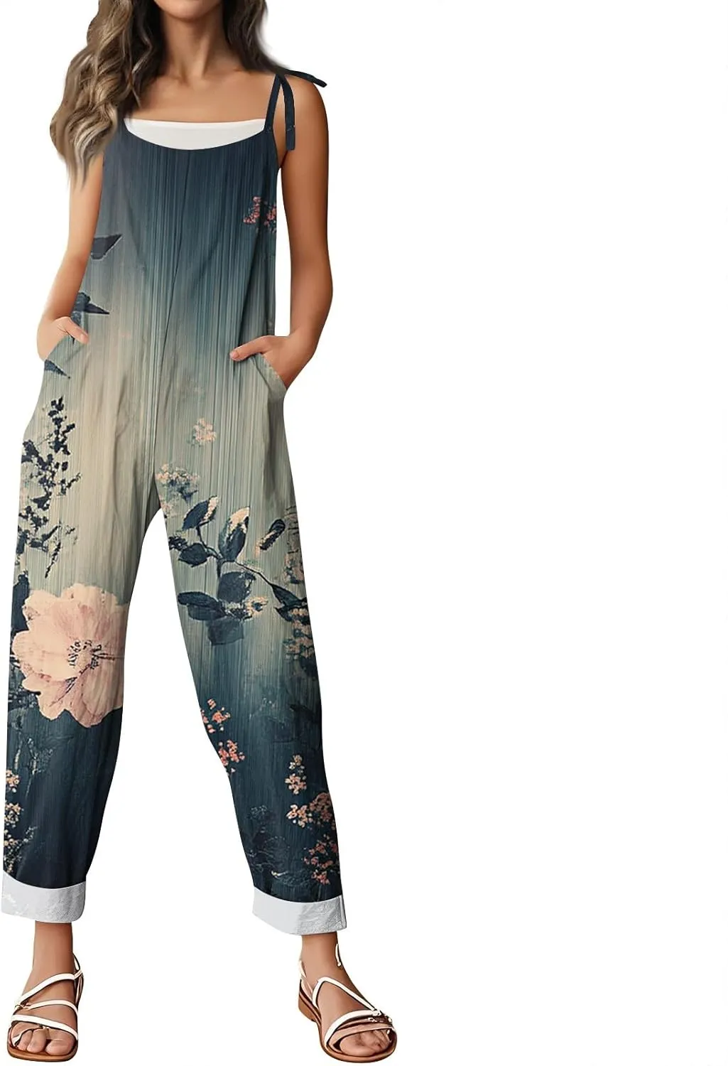 Linen Jumpsuits for Women 2025 Summer Wide Leg Jumpsuits Spaghetti Strap Boho Vintage Floral Printed Romper