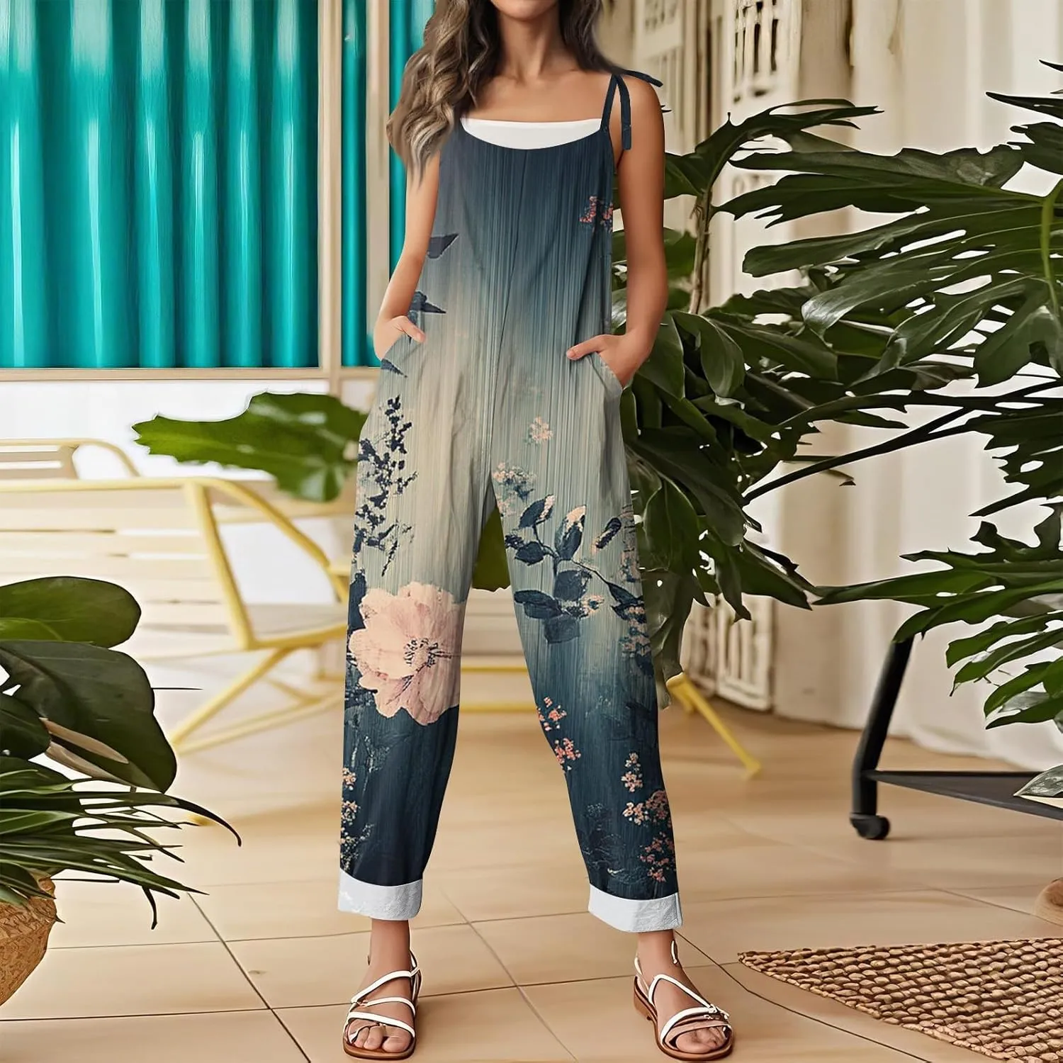 Linen Jumpsuits for Women 2025 Summer Wide Leg Jumpsuits Spaghetti Strap Boho Vintage Floral Printed Romper