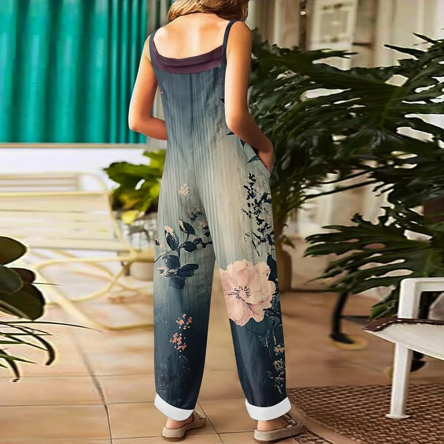 Linen Jumpsuits for Women 2025 Summer Wide Leg Jumpsuits Spaghetti Strap Boho Vintage Floral Printed Romper