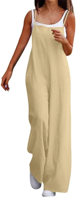 Linen Jumpsuits for Women Adjustable Strap Maternity Jumpsuit Baggy Lightweight Wide Leg One Piece Jumpsuits Pockets