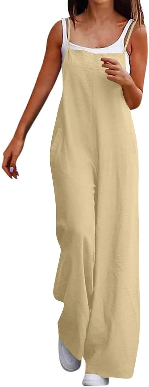 Linen Jumpsuits for Women Adjustable Strap Maternity Jumpsuit Baggy Lightweight Wide Leg One Piece Jumpsuits Pockets