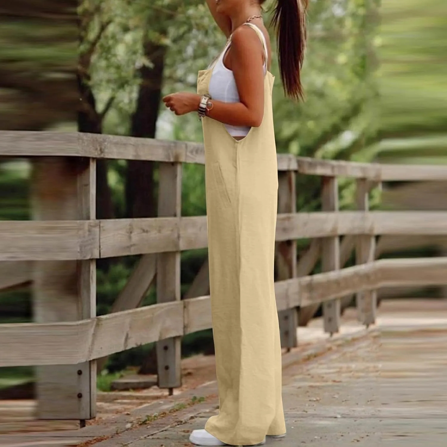 Linen Jumpsuits for Women Adjustable Strap Maternity Jumpsuit Baggy Lightweight Wide Leg One Piece Jumpsuits Pockets