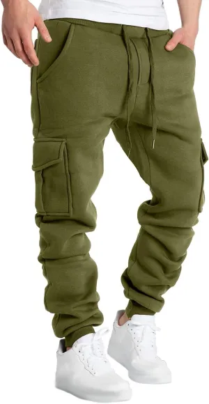 Mens Casual Cotton Sweatpants Solid Color Joggers Lounge Cargo Pants Fall Winter Long Trousers with Pockets