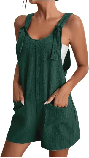Plus Size Short Rompers for Women Linen Overall Shorts with Pockets Shortalls Adjustable Straps Short Bib Overalls Jumpsuits