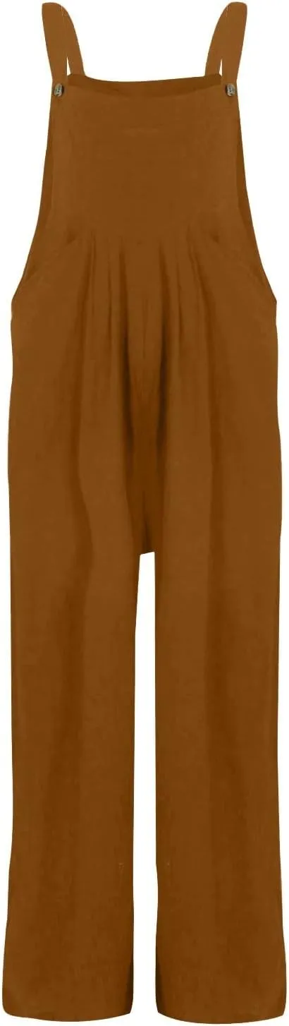 Wide Leg Overalls for Women Loose Fit Sleeveless Straps Bib Pleated Linen Jumpsuit with Pockets Plus Size Summer Outfits