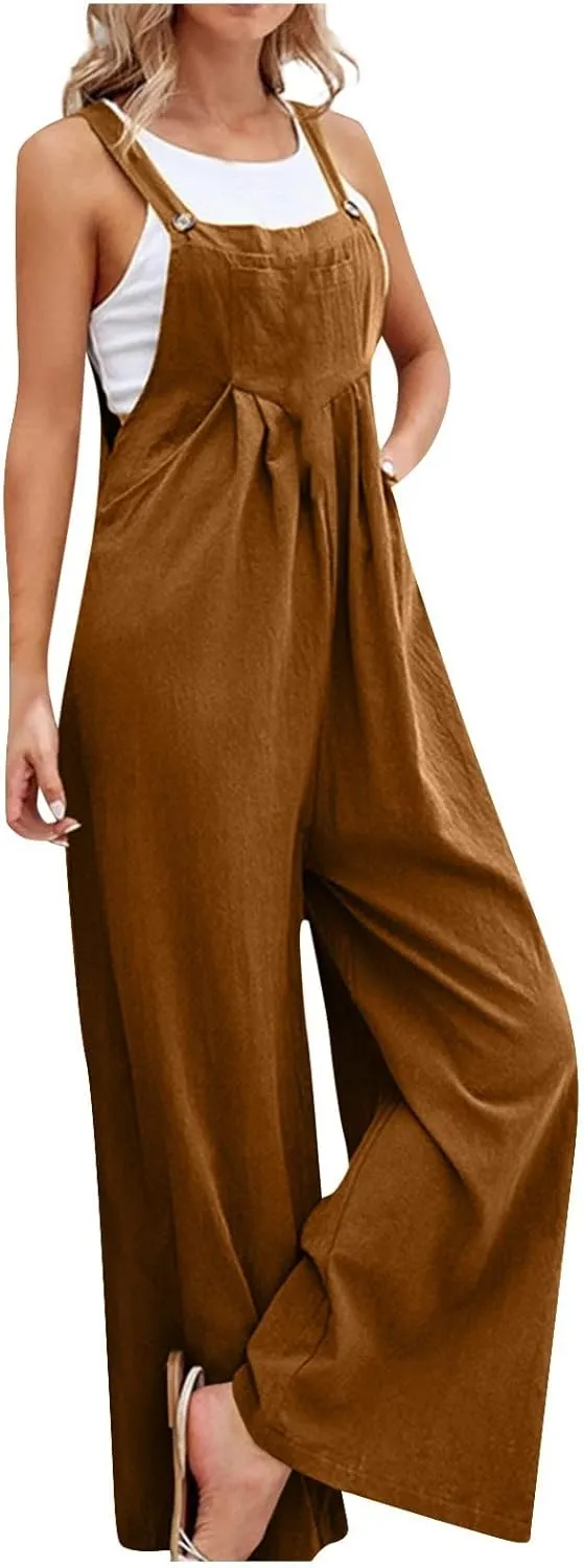Wide Leg Overalls for Women Loose Fit Sleeveless Straps Bib Pleated Linen Jumpsuit with Pockets Plus Size Summer Outfits