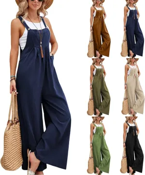 Wide Leg Overalls for Women Loose Fit Sleeveless Straps Bib Pleated Linen Jumpsuit with Pockets Plus Size Summer Outfits
