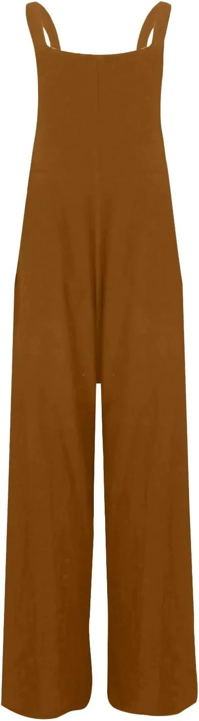 Wide Leg Overalls for Women Loose Fit Sleeveless Straps Bib Pleated Linen Jumpsuit with Pockets Plus Size Summer Outfits