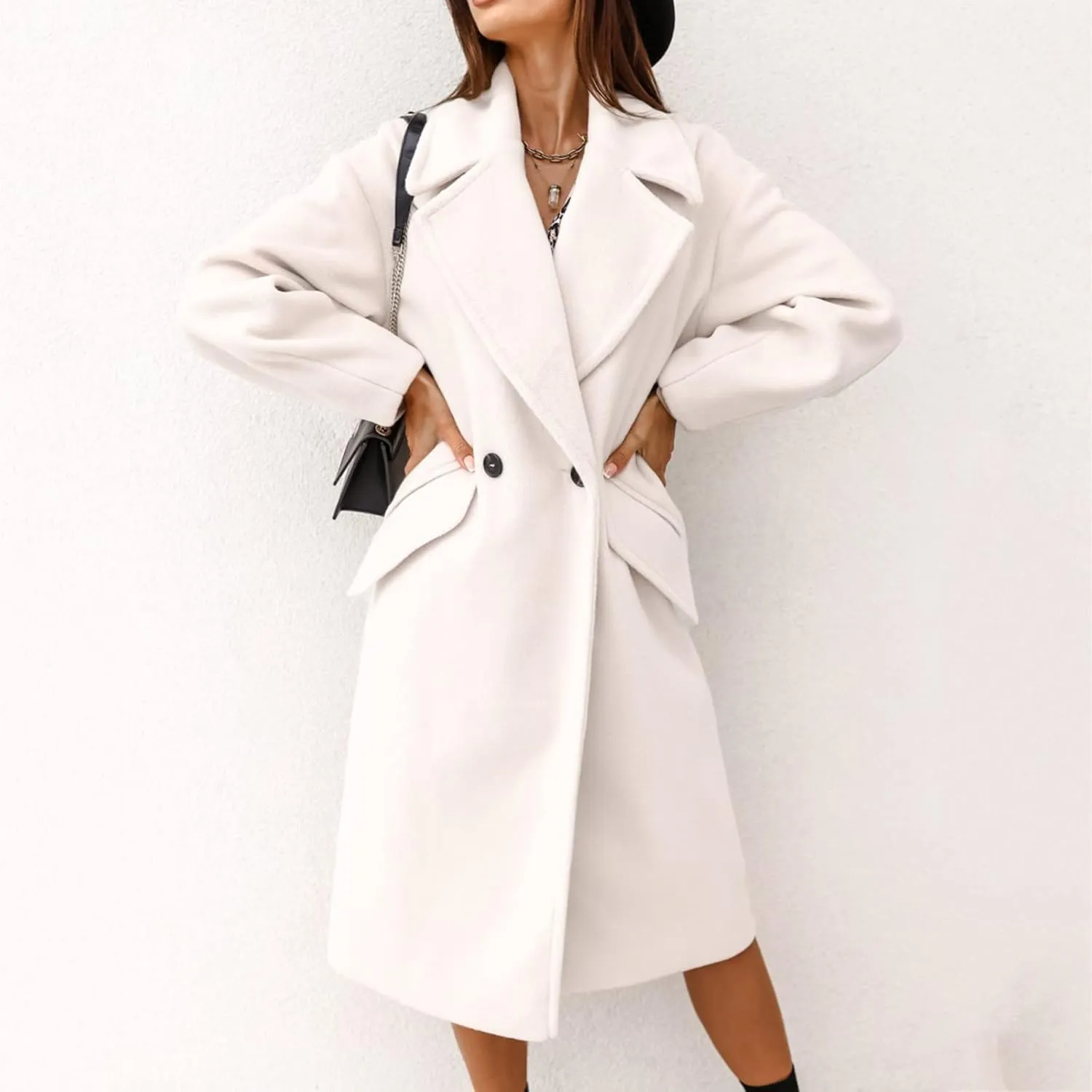 Wkishenl Womens Lapel Collar Double Breasted Pea Coat Winter Warm Wool Blend Long Jackets Fashion Trench Coat with Pockets
