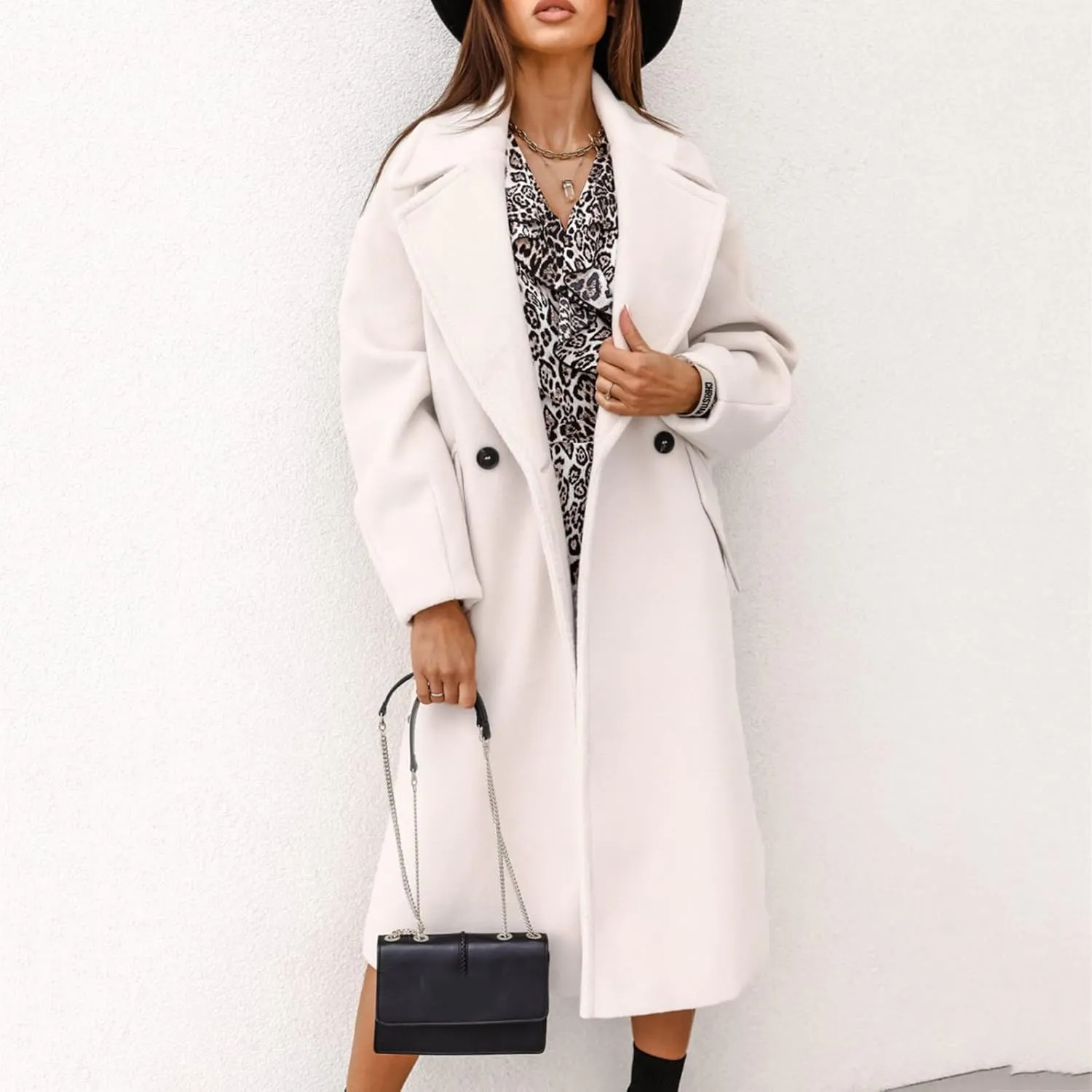 Wkishenl Womens Lapel Collar Double Breasted Pea Coat Winter Warm Wool Blend Long Jackets Fashion Trench Coat with Pockets