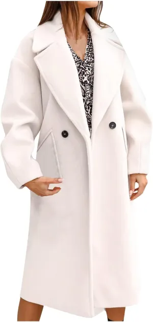 Wkishenl Womens Lapel Collar Double Breasted Pea Coat Winter Warm Wool Blend Long Jackets Fashion Trench Coat with Pockets
