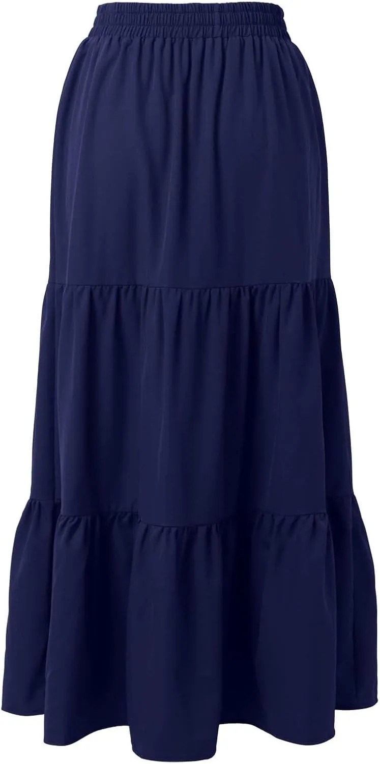 Womens Boho Tiered A Line Maxi Skirt Elastic High Waist Pleated Summer Casual Ruffle Trendy Flowy Long Beach Skirts