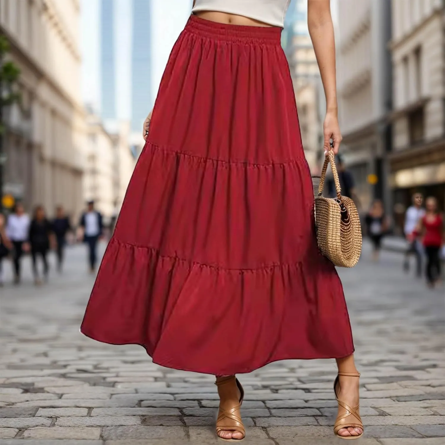 Womens Boho Tiered A Line Maxi Skirt Elastic High Waist Pleated Summer Casual Ruffle Trendy Flowy Long Beach Skirts