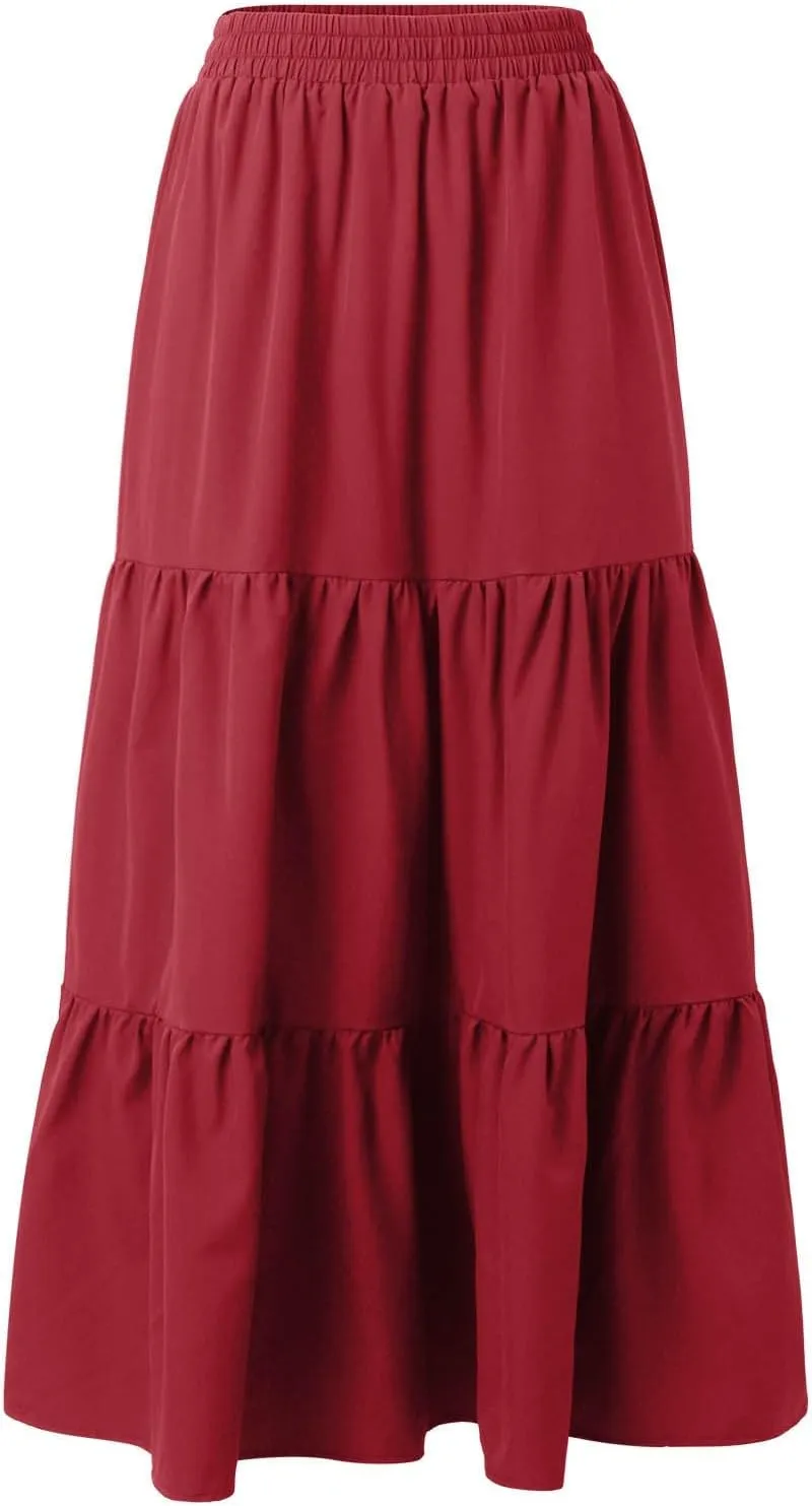 Womens Boho Tiered A Line Maxi Skirt Elastic High Waist Pleated Summer Casual Ruffle Trendy Flowy Long Beach Skirts