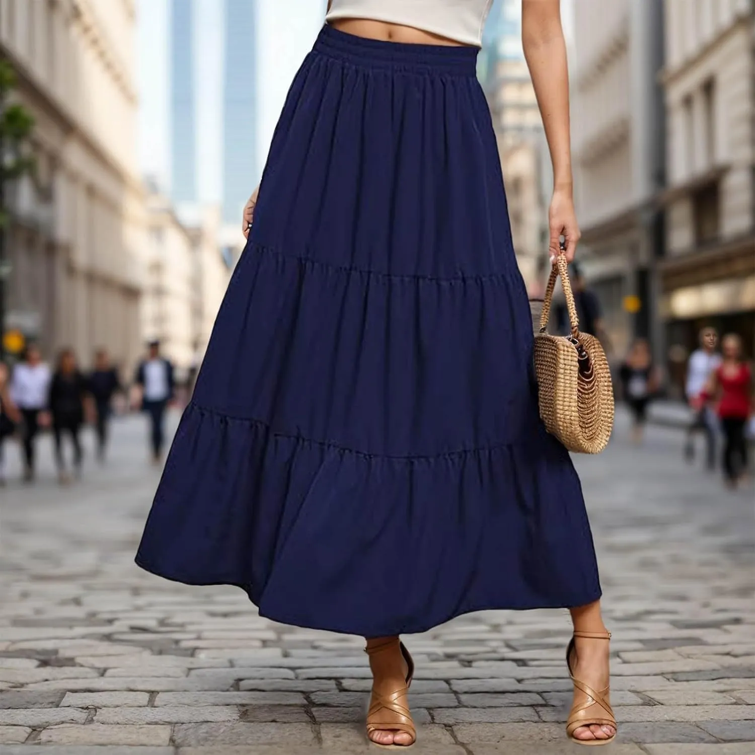 Womens Boho Tiered A Line Maxi Skirt Elastic High Waist Pleated Summer Casual Ruffle Trendy Flowy Long Beach Skirts