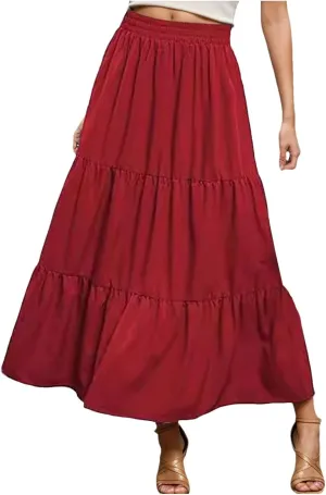 Womens Boho Tiered A Line Maxi Skirt Elastic High Waist Pleated Summer Casual Ruffle Trendy Flowy Long Beach Skirts