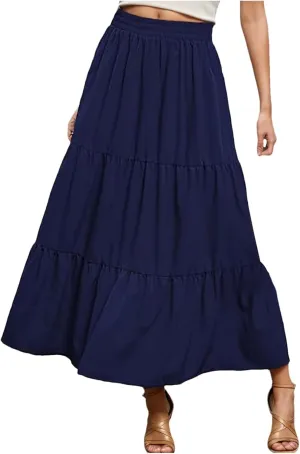 Womens Boho Tiered A Line Maxi Skirt Elastic High Waist Pleated Summer Casual Ruffle Trendy Flowy Long Beach Skirts