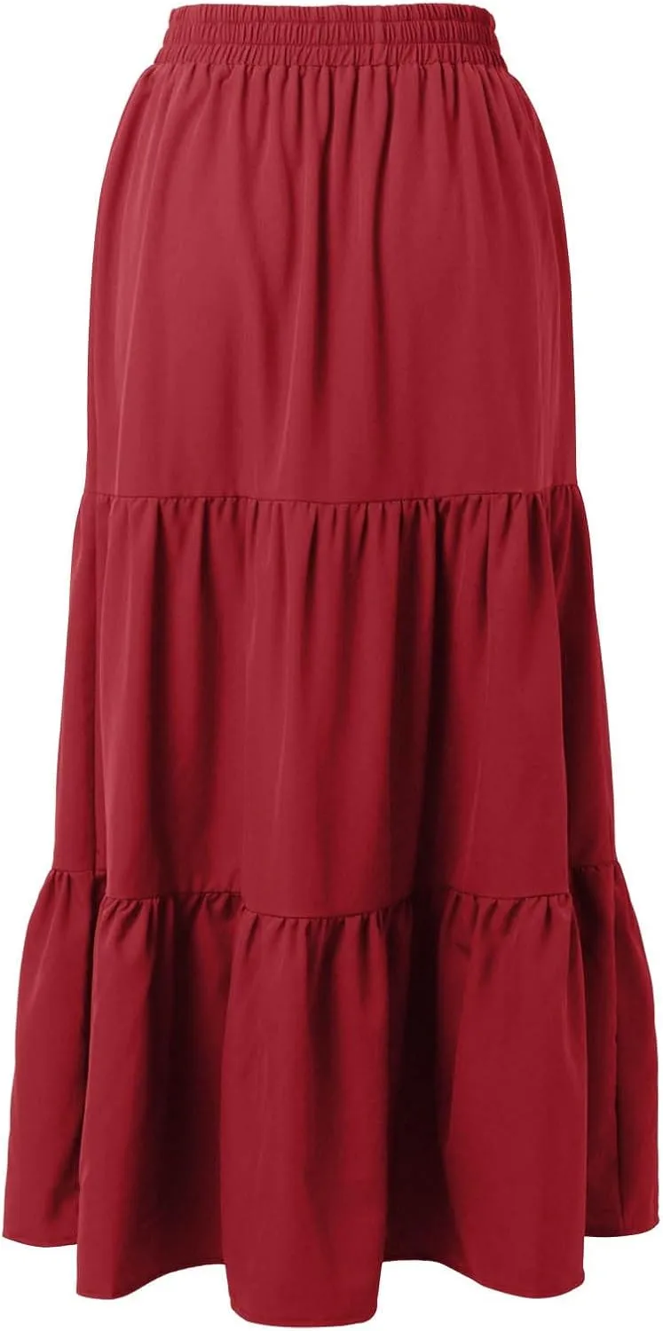 Womens Boho Tiered A Line Maxi Skirt Elastic High Waist Pleated Summer Casual Ruffle Trendy Flowy Long Beach Skirts
