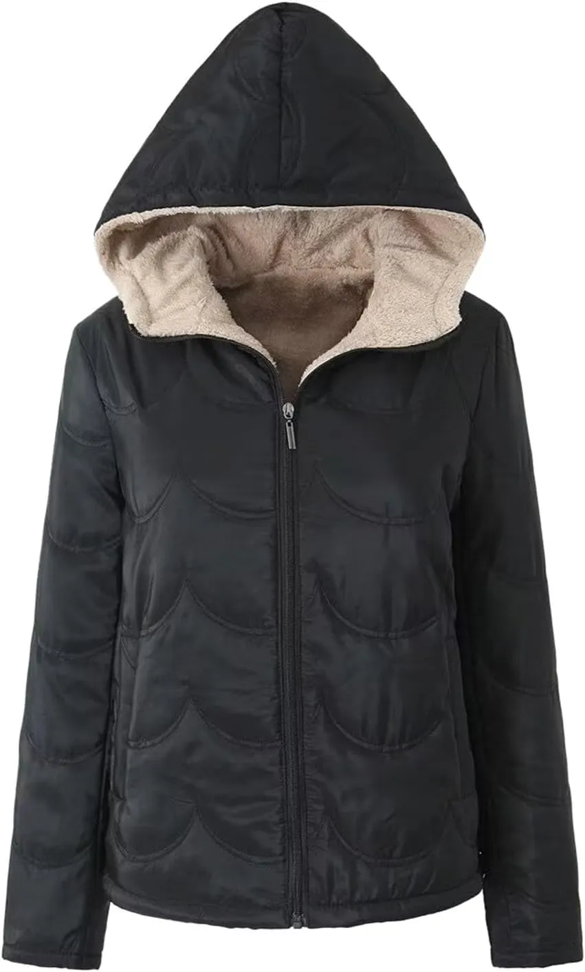 Women's Checked Lamb Velvet Jacket Casual Slim Fit Zipper Solid Color Keep Warm Hooded Long Sleeve Anorak Womens