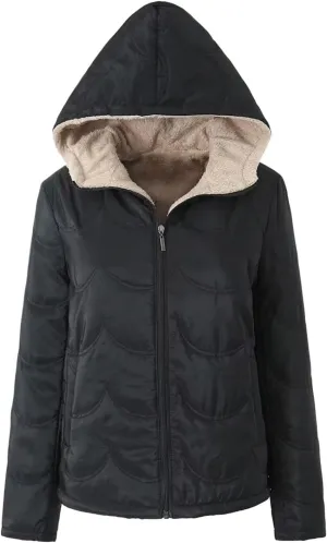 Women's Checked Lamb Velvet Jacket Casual Slim Fit Zipper Solid Color Keep Warm Hooded Long Sleeve Anorak Womens