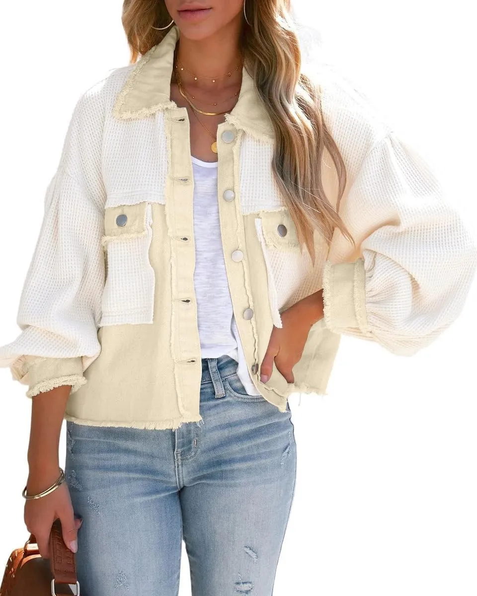 Women's Denim Spliced Waffle Knit Cropped Jacket Button Down Boyfriend Shirt Shacket Tops