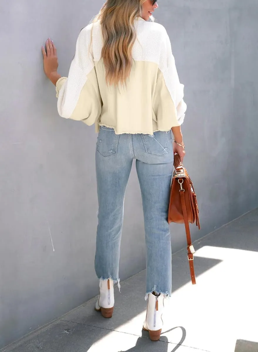 Women's Denim Spliced Waffle Knit Cropped Jacket Button Down Boyfriend Shirt Shacket Tops