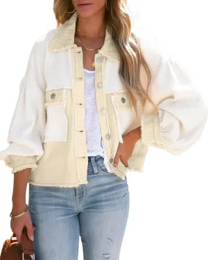 Women's Denim Spliced Waffle Knit Cropped Jacket Button Down Boyfriend Shirt Shacket Tops
