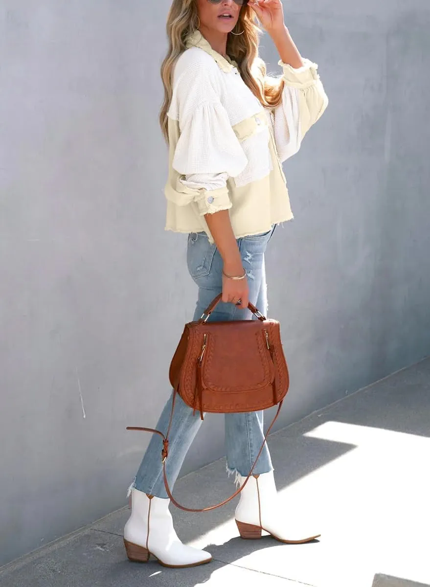 Women's Denim Spliced Waffle Knit Cropped Jacket Button Down Boyfriend Shirt Shacket Tops