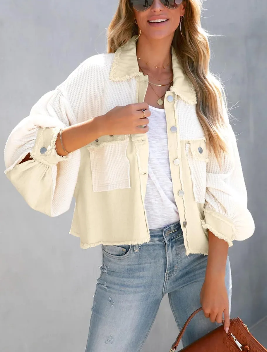 Women's Denim Spliced Waffle Knit Cropped Jacket Button Down Boyfriend Shirt Shacket Tops