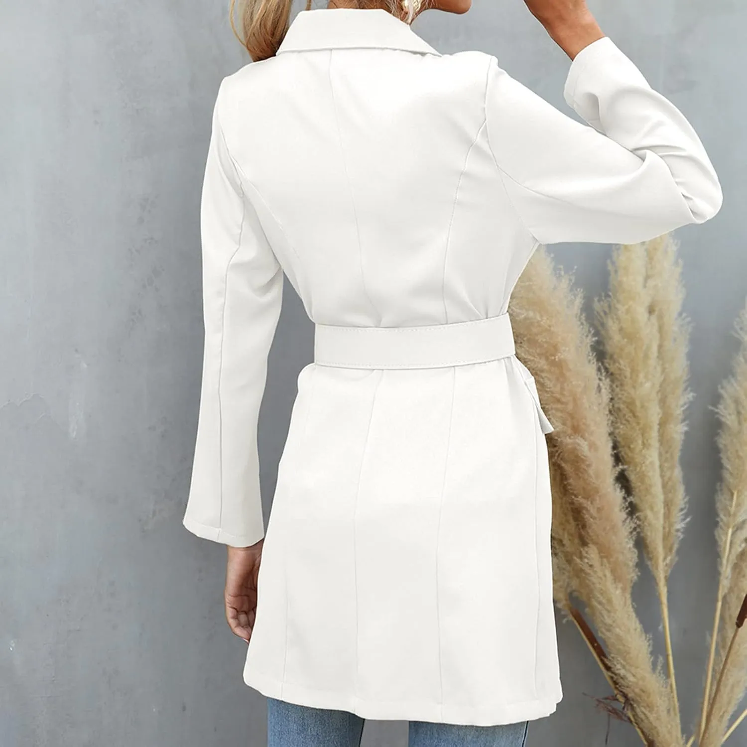 Women's Double Breasted Blazer Jacket Pea Coat Long Sleeve Lapel Winter Basic Mid-Long Trench Coat with Belt