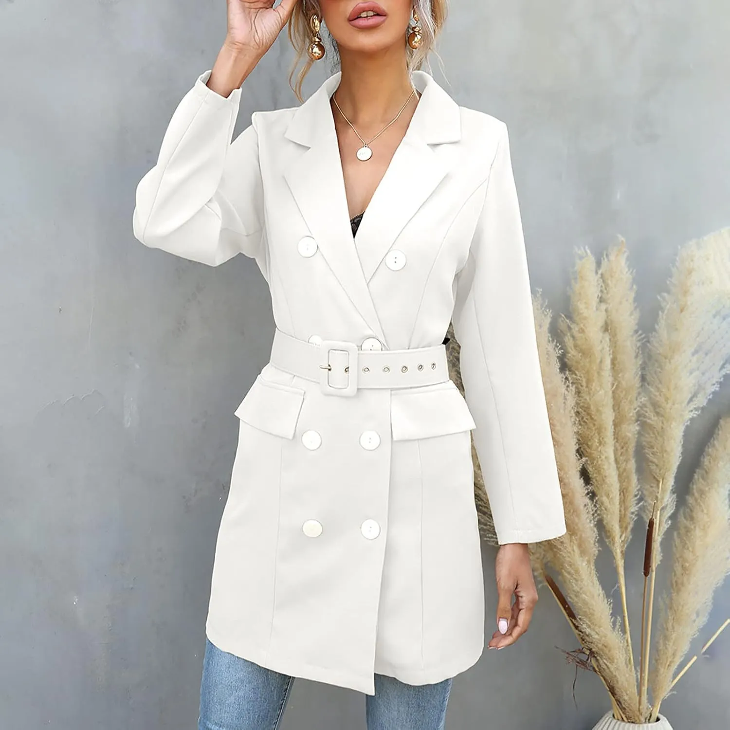 Women's Double Breasted Blazer Jacket Pea Coat Long Sleeve Lapel Winter Basic Mid-Long Trench Coat with Belt