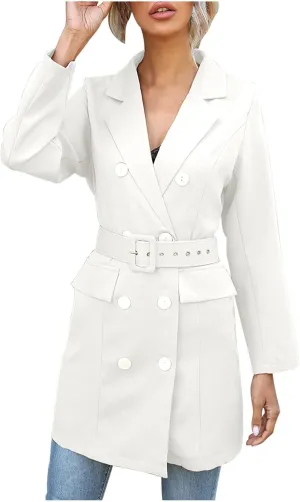 Women's Double Breasted Blazer Jacket Pea Coat Long Sleeve Lapel Winter Basic Mid-Long Trench Coat with Belt