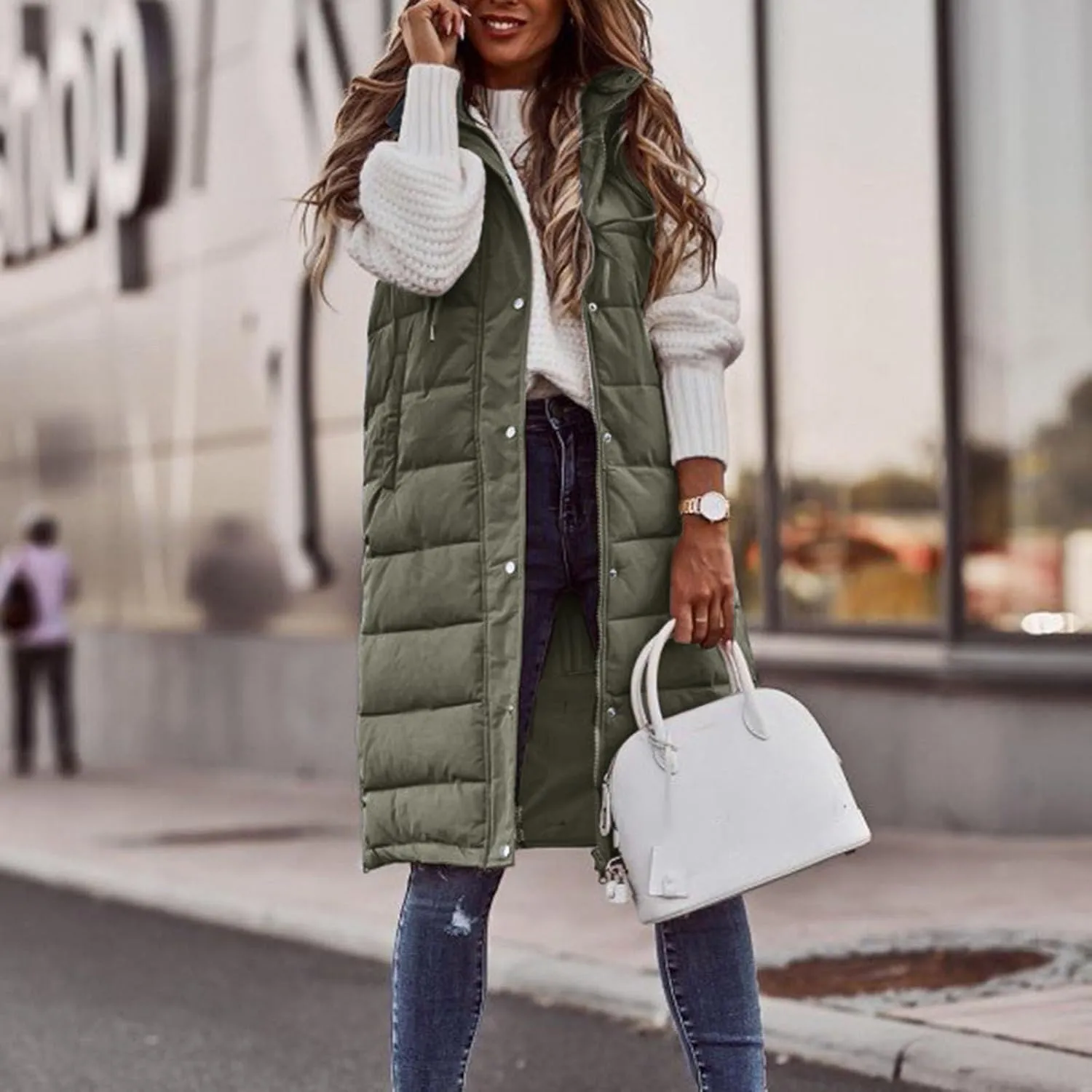 Womens Long Down Vest Hood Fashion Thickened Hooded Sleeveless Puffer Jackets Long Coats Warm 2024 Winter Outerwear