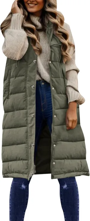 Womens Long Down Vest Hood Fashion Thickened Hooded Sleeveless Puffer Jackets Long Coats Warm 2024 Winter Outerwear