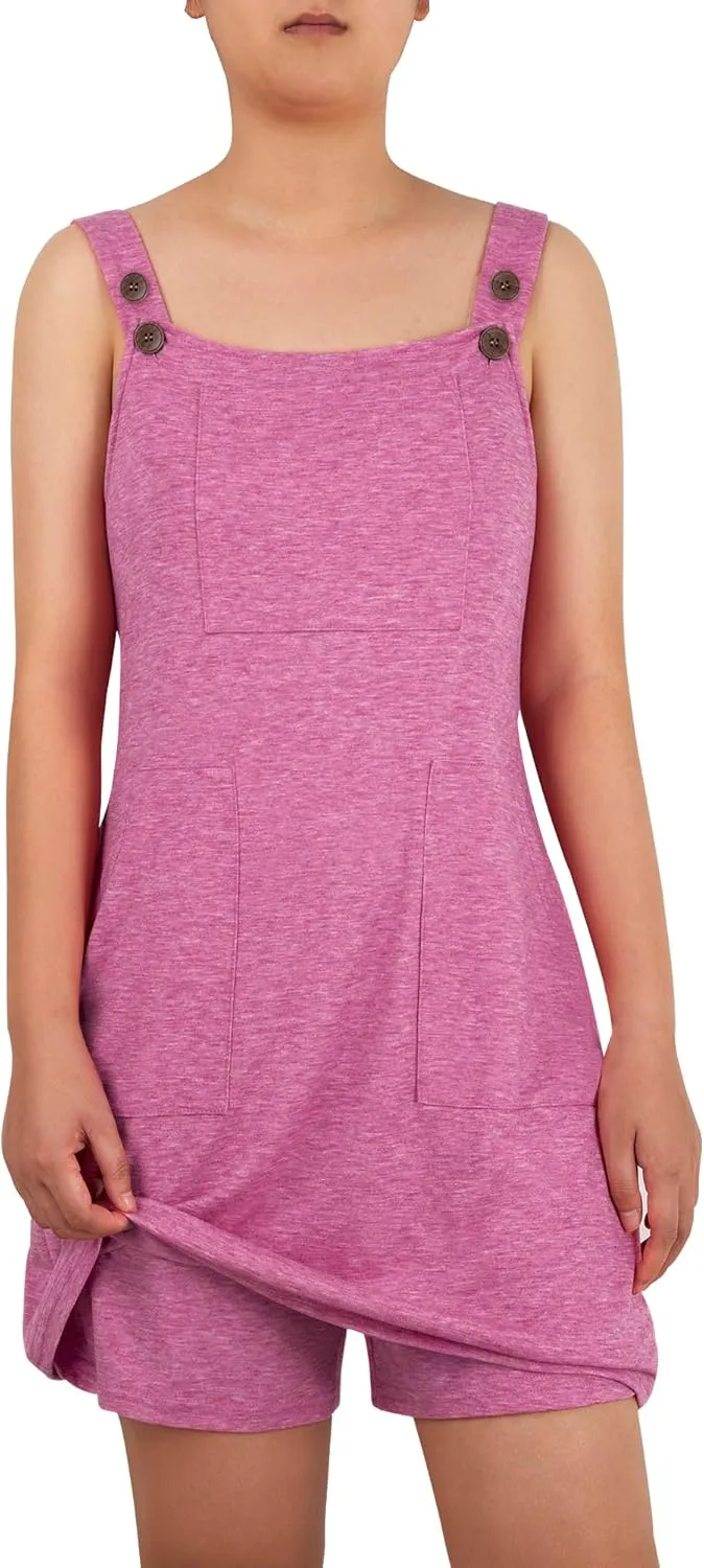 Women's Summer Casual Rompers with Buttons and 3 Pockets Adjustable Straps Short Jumpsuits