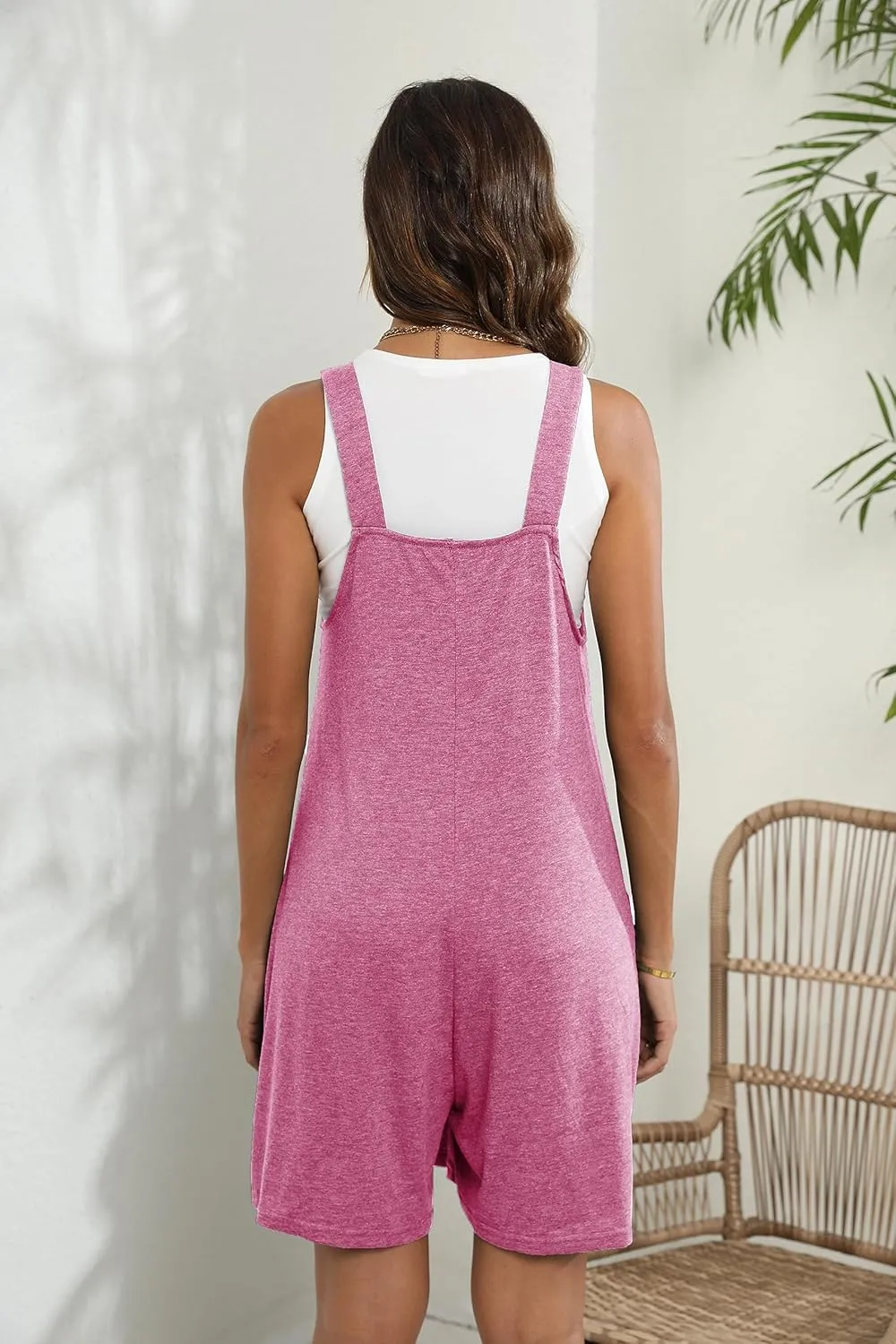 Women's Summer Casual Rompers with Buttons and 3 Pockets Adjustable Straps Short Jumpsuits