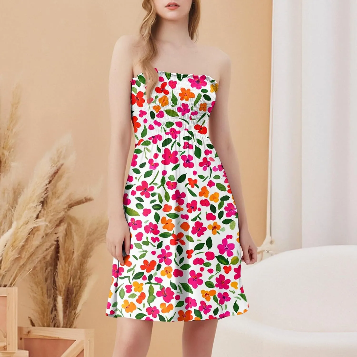 Women's Summer Dresses Strapless Boho Floral Mini Dress Casual Beach Cover Ups Tube Tops Sundress