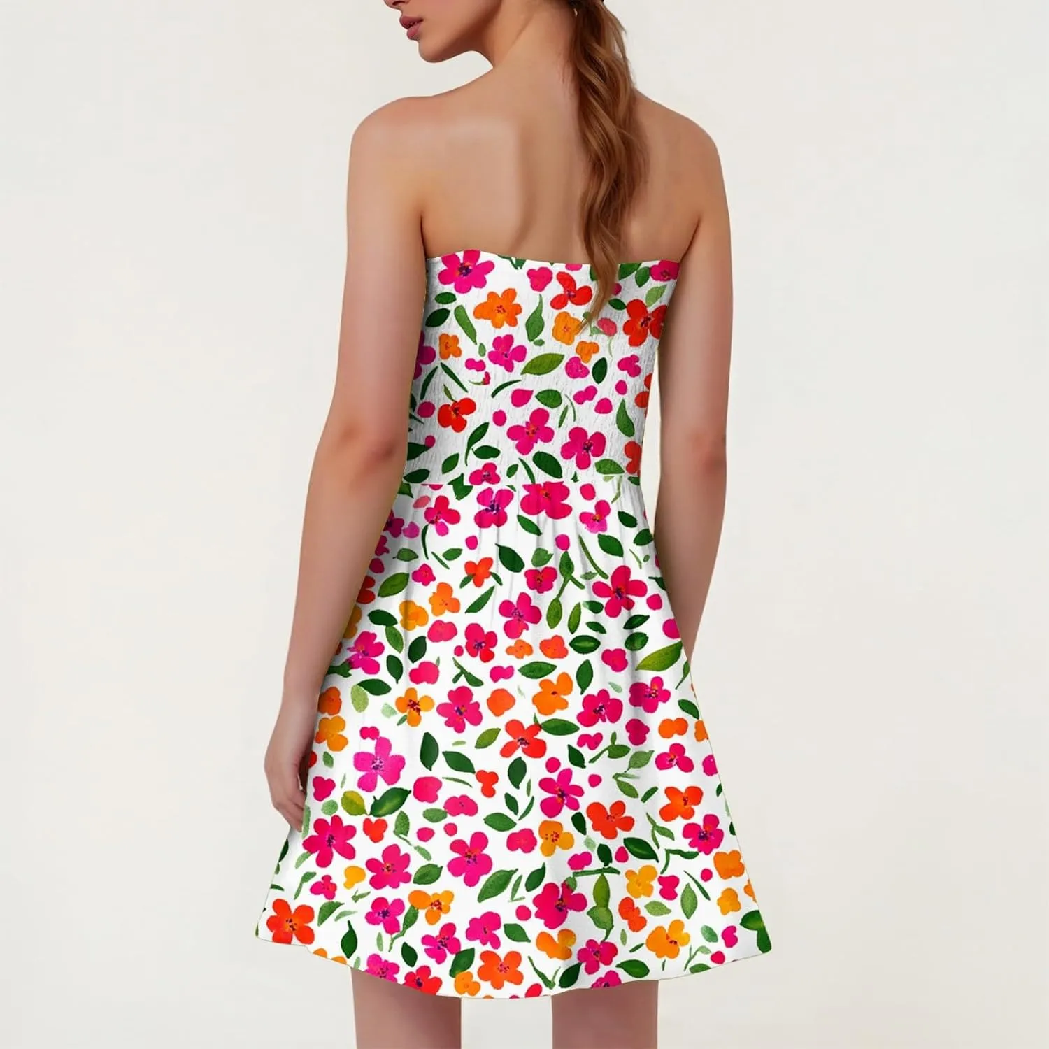 Women's Summer Dresses Strapless Boho Floral Mini Dress Casual Beach Cover Ups Tube Tops Sundress