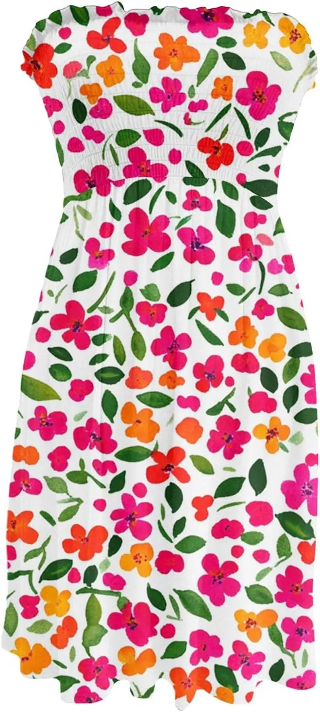 Women's Summer Dresses Strapless Boho Floral Mini Dress Casual Beach Cover Ups Tube Tops Sundress